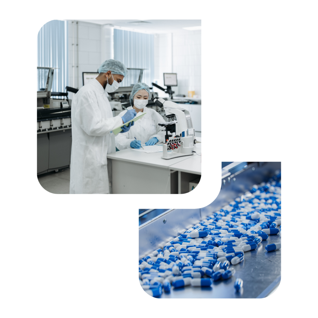 A cluster of images showing scientists and pharmaceutical manufacturing