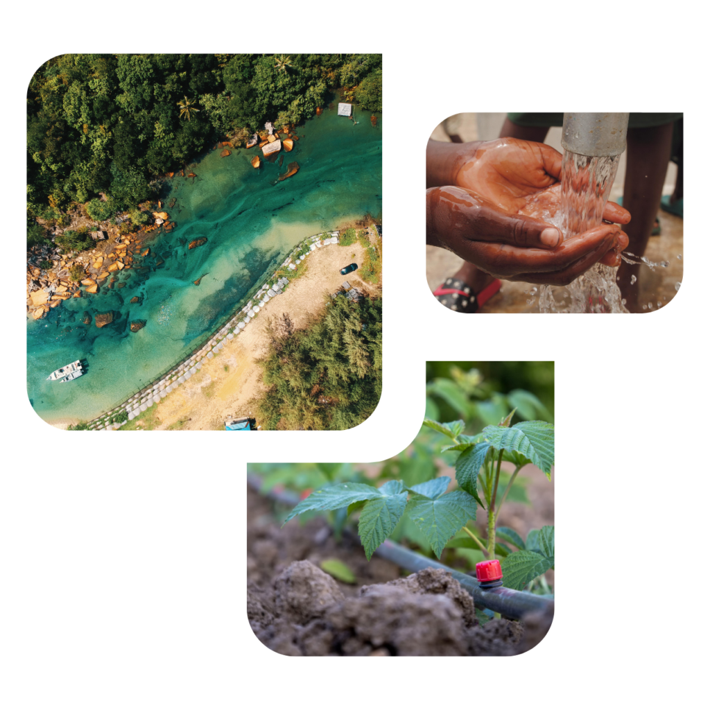 A cluster of images showing a river, drinking water and drip irrigation