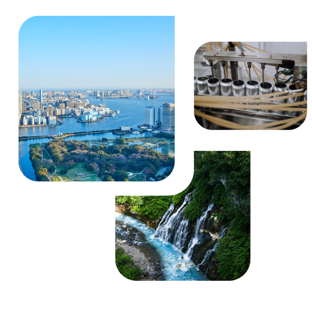 A cluster of photos showing rivers in Japan and a beverage canning line