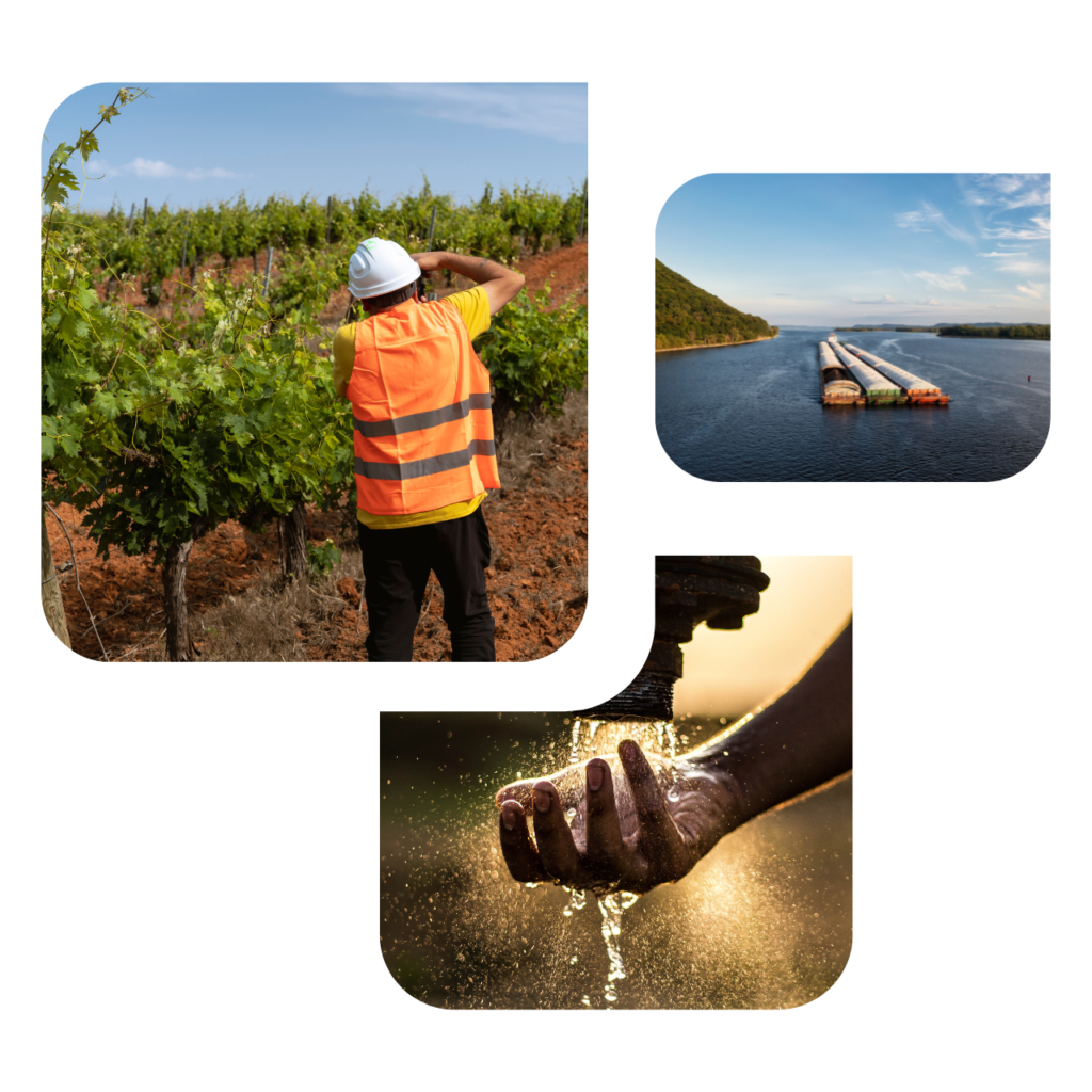 Image cluster showing an engineer, shipping boats on a river and a water pipe.