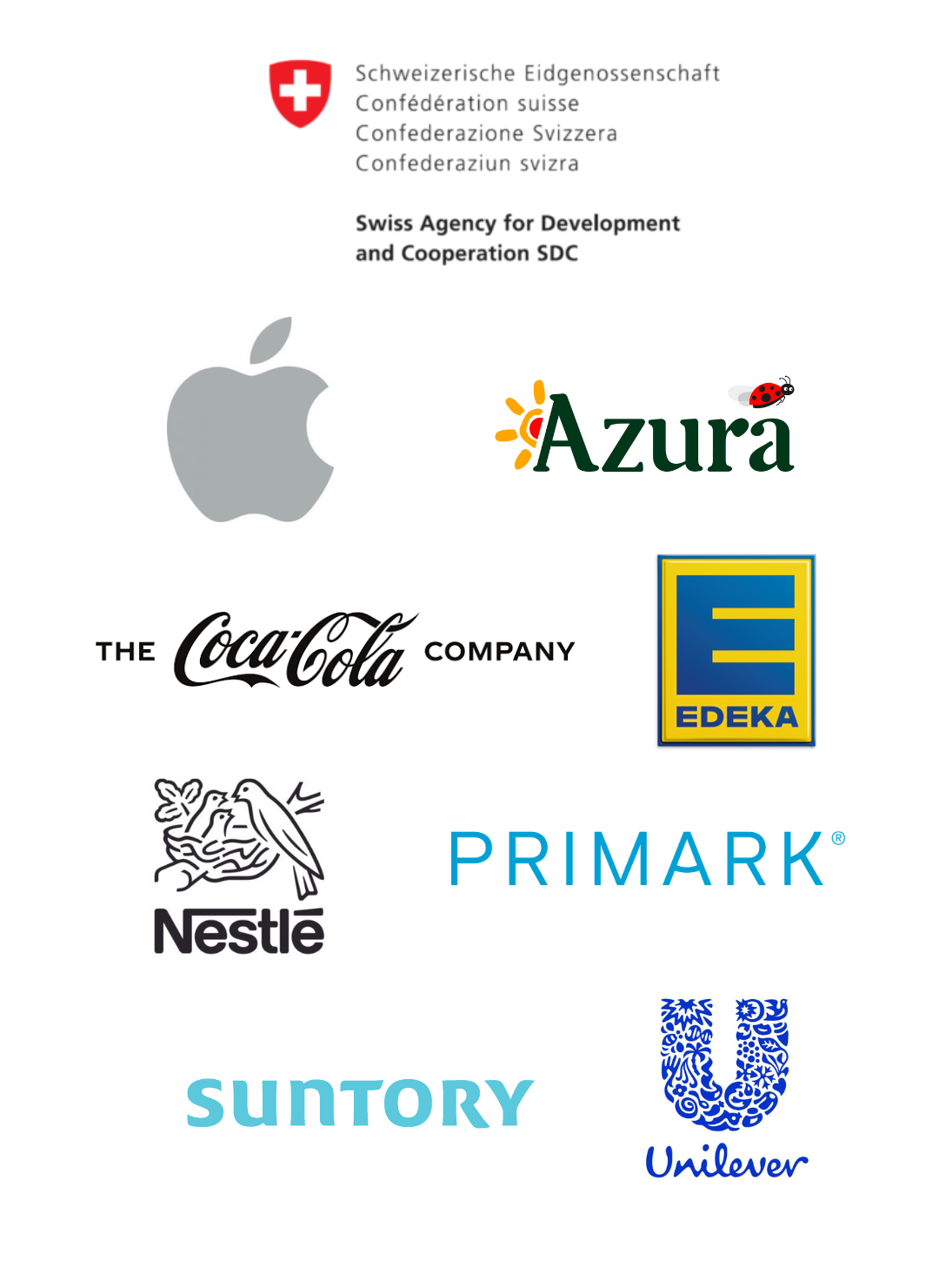 Logos for the Swiss Agency for Development and Cooperation (SDC), Apple, Azura Group, The Coca-Cola Company, EDEKA, Nestlé, Primark, Suntory and Unilever.