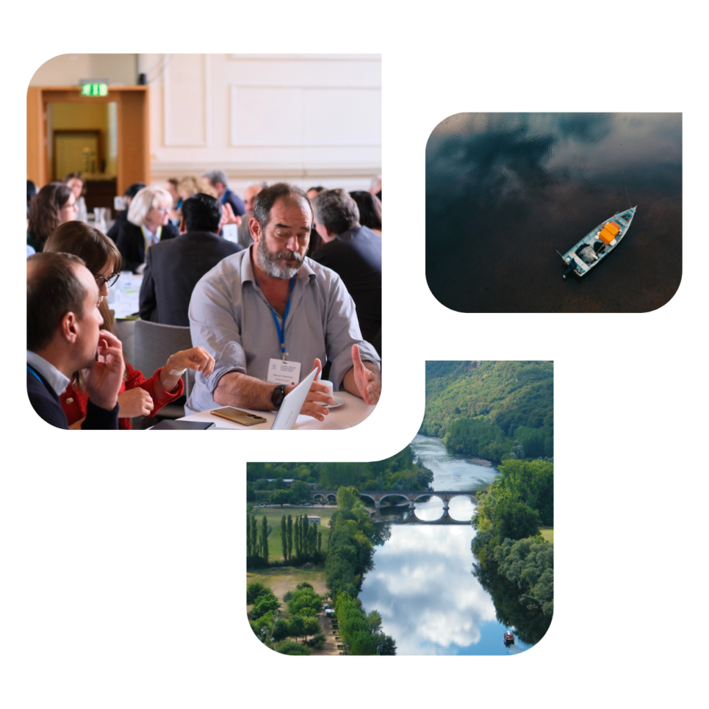 A photo cluster showing AWS members at the AWS Forum 2024, a river and a fishing boat
