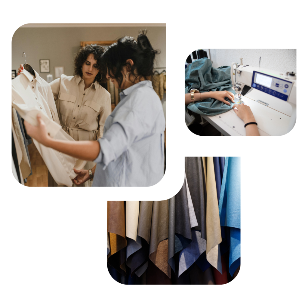 A cluster of photos showing women looking at a shirt, a person sewing and fabric samples