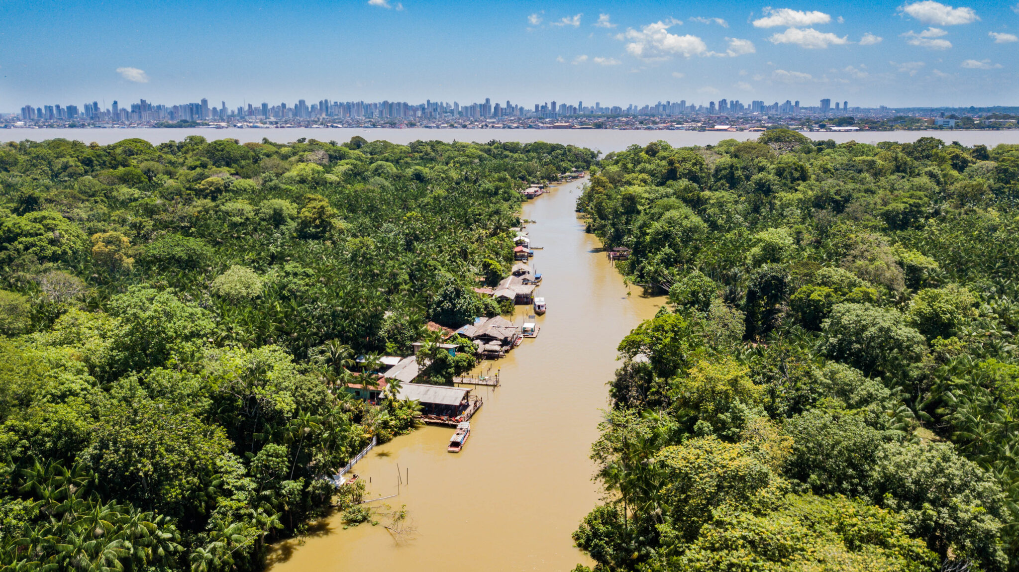 Aerial view of Combu Island in Belém, Pará. Restaurants in the middle of the Amazon streams