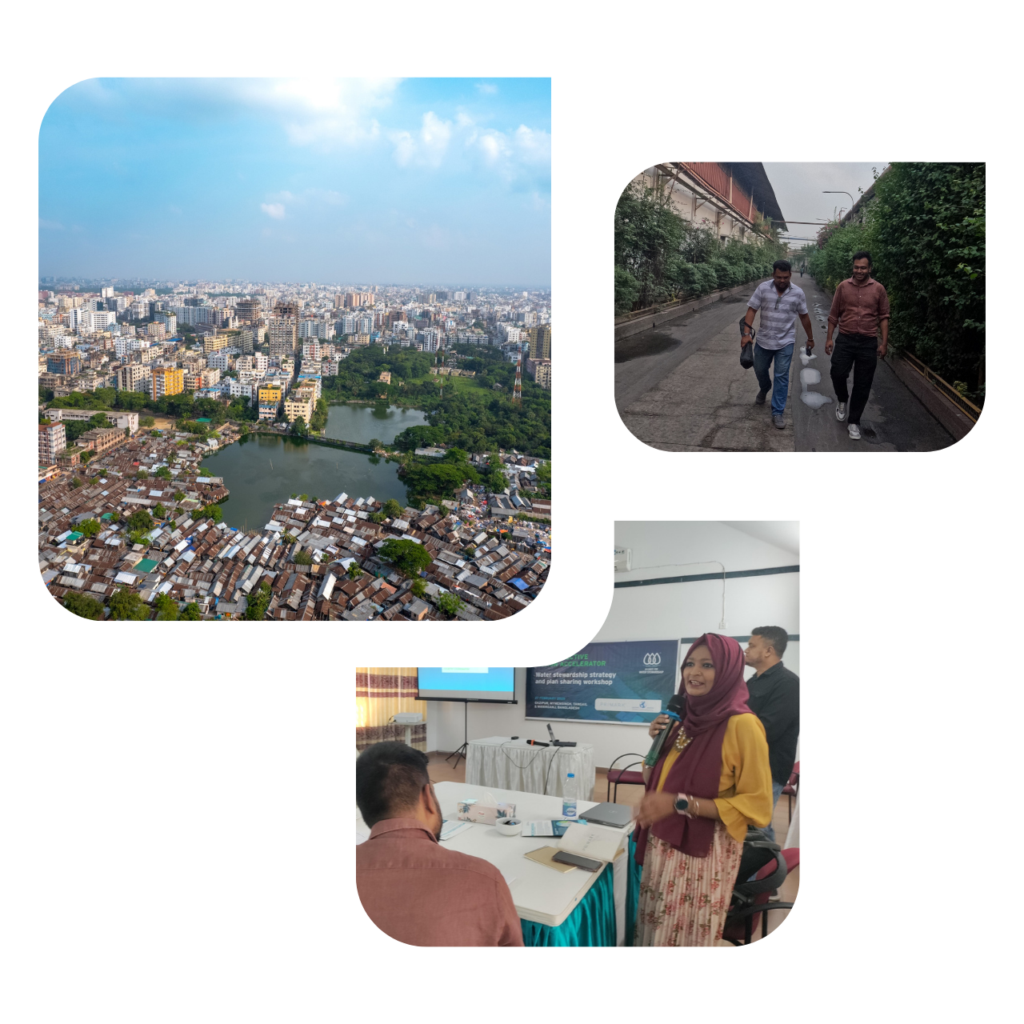 Image tiles: one is an overview of Dhaka, one is two workers at Zaber and Zuber and one of a woman speaking at a workshop