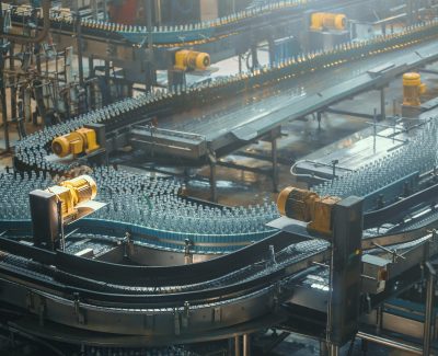 A production factory showing a bottling line